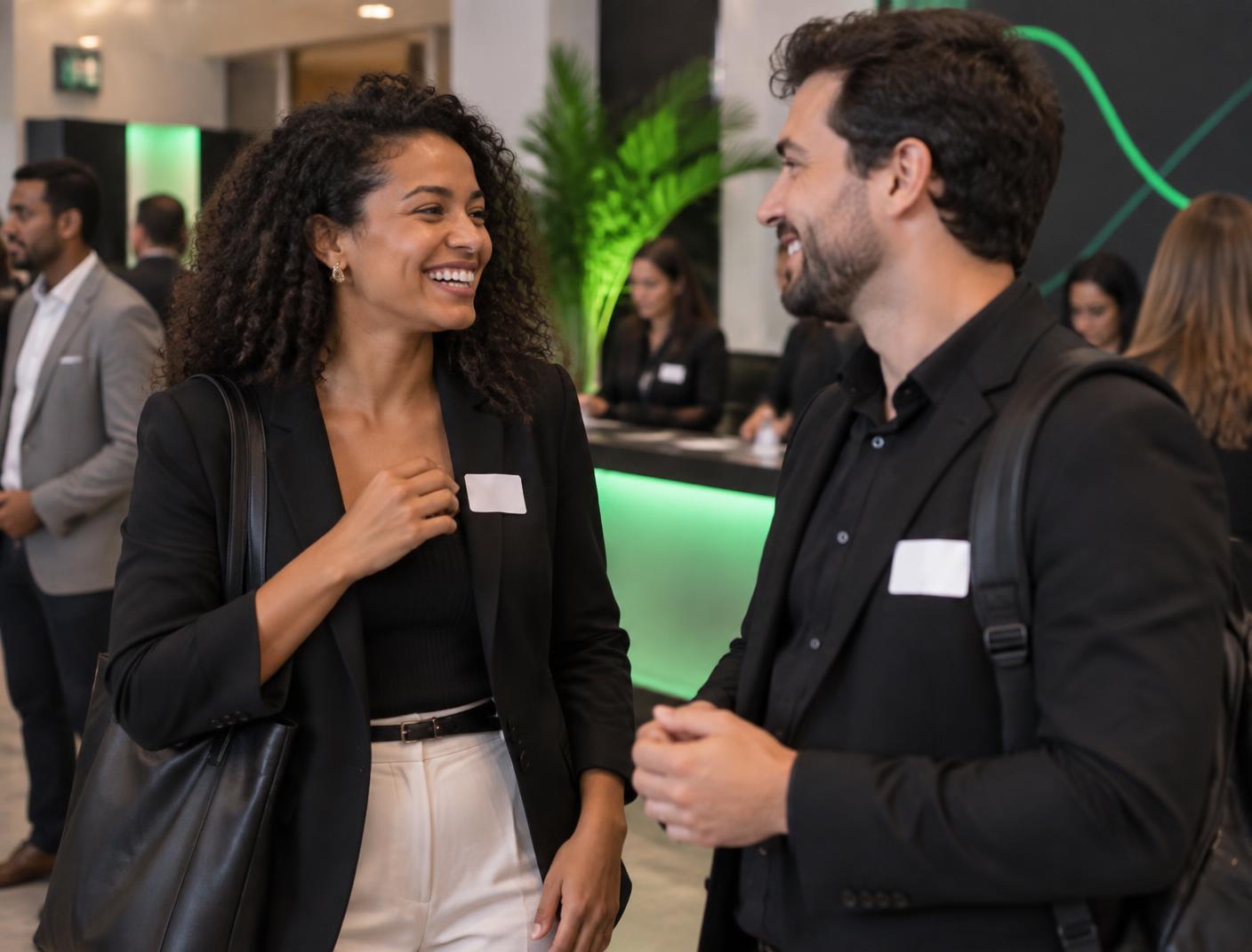 Convidados sorrindo e conversando com seus crachás em um evento