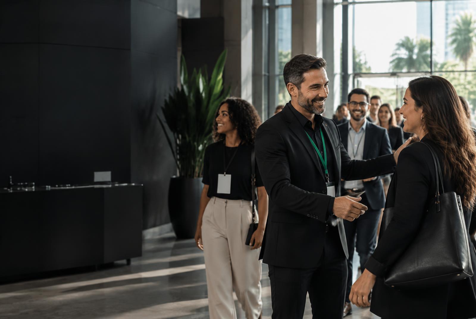 Convidada sendo recebida pelo anfitrião na entrada de um evento corporativo
