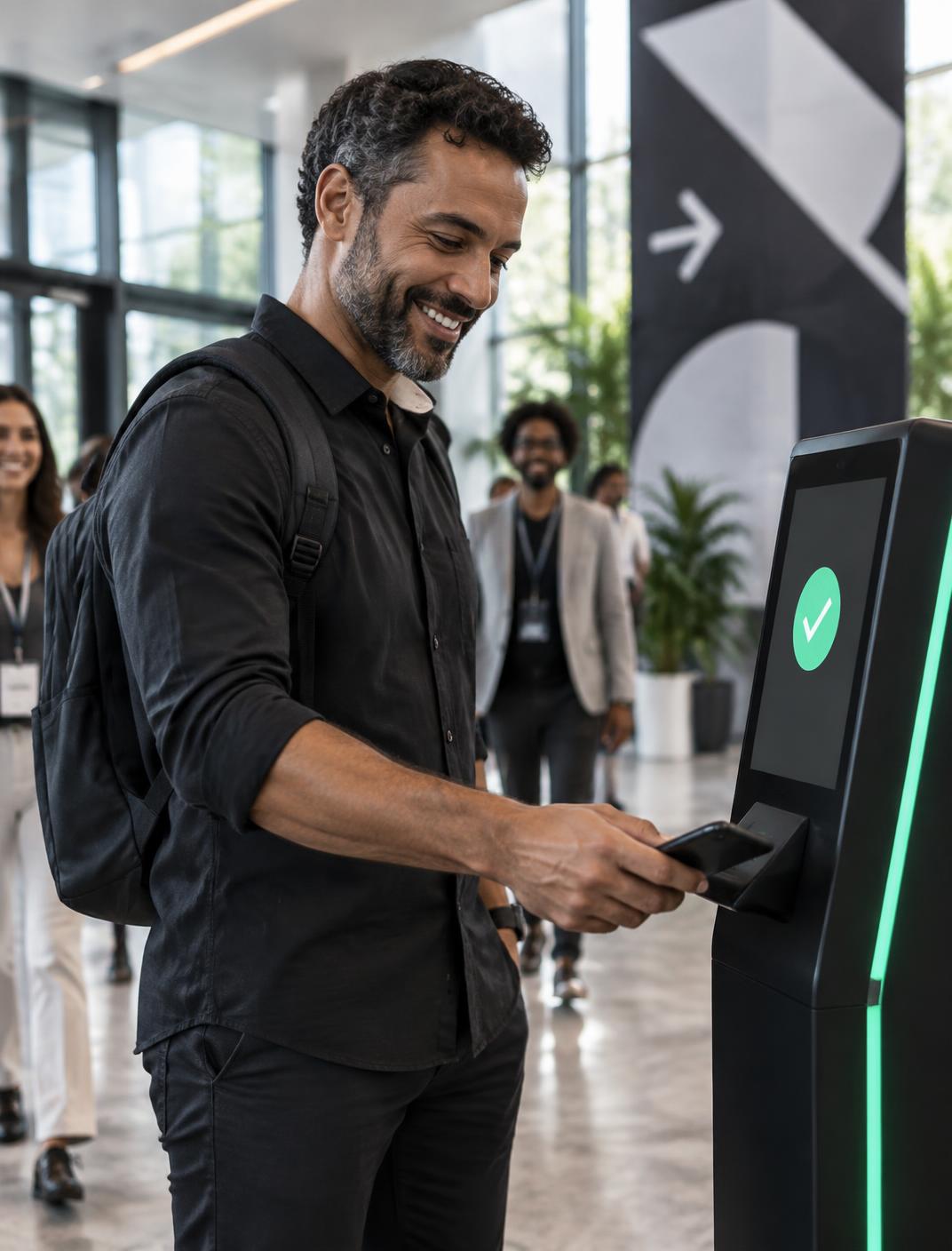 Participante sorrindo enquanto usa um totem de recepção
